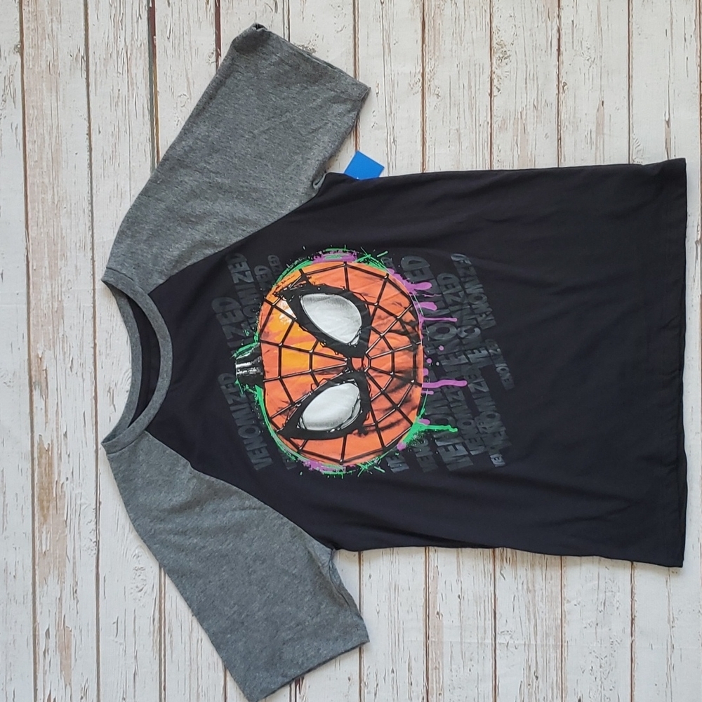 NWT Marvel Spiderman Halloween Pumpkin Shirt Boy's XXL (18) Grey and Black